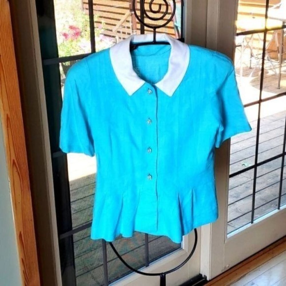 Vintage Linen Embellished Collared Button-down Pleated Jacket & Skirt Sz S Set